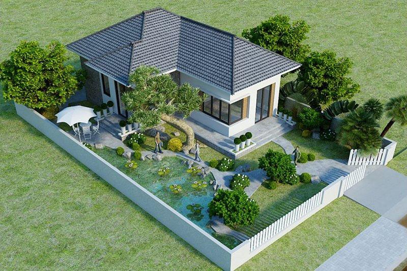 Thiết kế tiểu cảnh sân vườn là giải pháp khắc phục nhược điểm ngoại hình của nhà chữ L