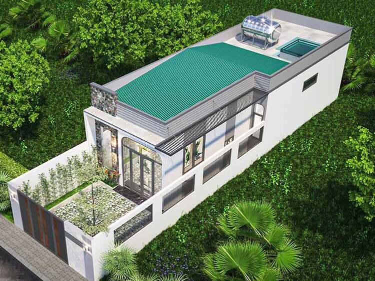 Mẫu nhà cấp 4 chữ L mái tôn thiết kế dạng mái bằng tiết kiệm chi phí