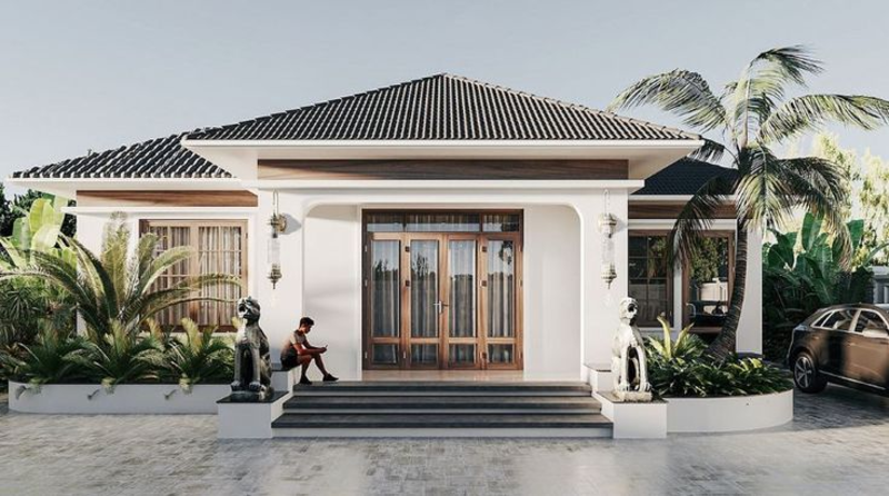 Mẫu nhà cấp 4 mái Nhật 3 phòng ngủ đẹp có sân vườ