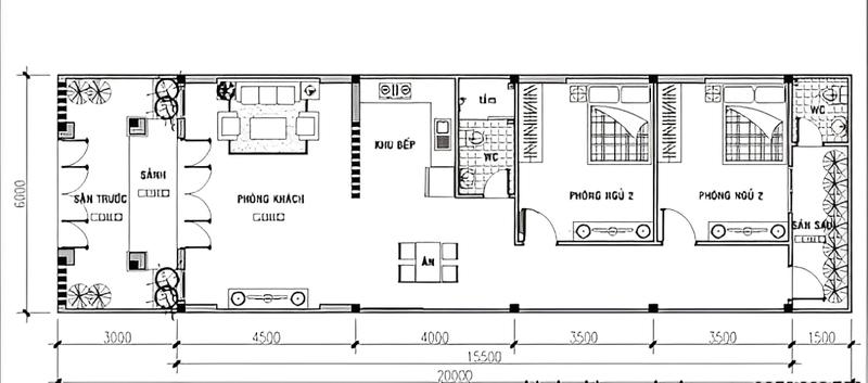 Bản vẽ nhà cấp 4 2 phòng ngủ đơn giản, chi tiết