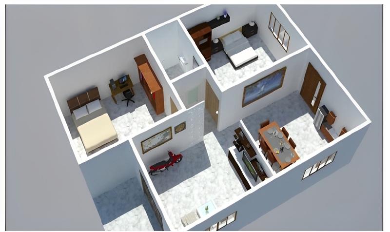 Bản vẽ 3D nhà cấp 4 2 phòng ngủ đẹp, nội thất đầy đủ