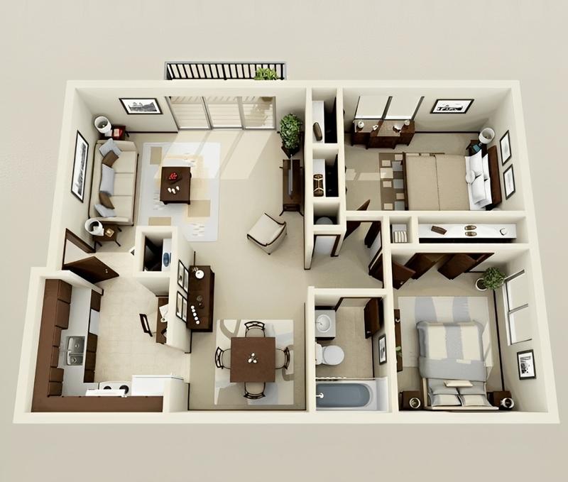 Bản vẽ phối cảnh nhà cấp 4 2 phòng ngủ hiện đại, tiện nghi