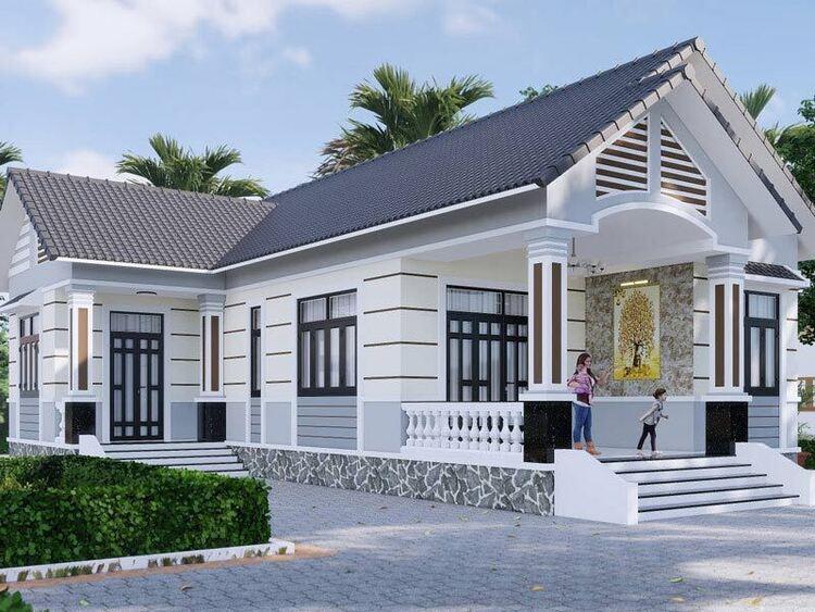 Mẫu nhà mái tôn hình chữ L mái tôn đẹp ở nông thôn thiết kế mái tận dụng khoảng sân rộng bên hông