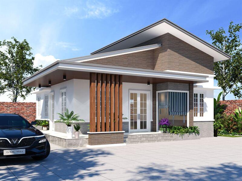 Mẫu nhà cấp 4 mái lệch có gara ô tô đẹp, tối ưu công năng