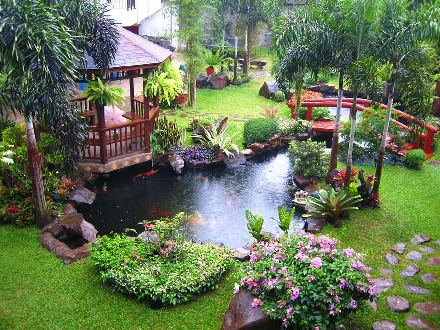 Mẫu thiết kế sân vườn đẹp, độc đáo với cầu bắc qua hồ nước nhỏ