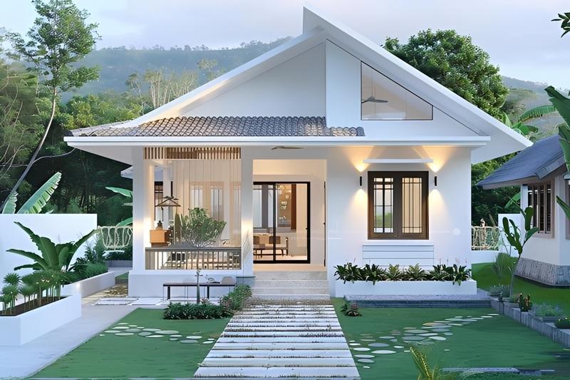 Mẫu nhà cấp 4 mái lệch đơn giản với màu trắng làm gam chủ đạo