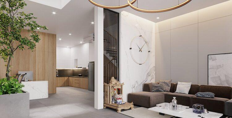 Vách ngăn phòng khách và bếp bằng tường kết hợp tấm ốp trang trí họa tiết vân đá sang trọng