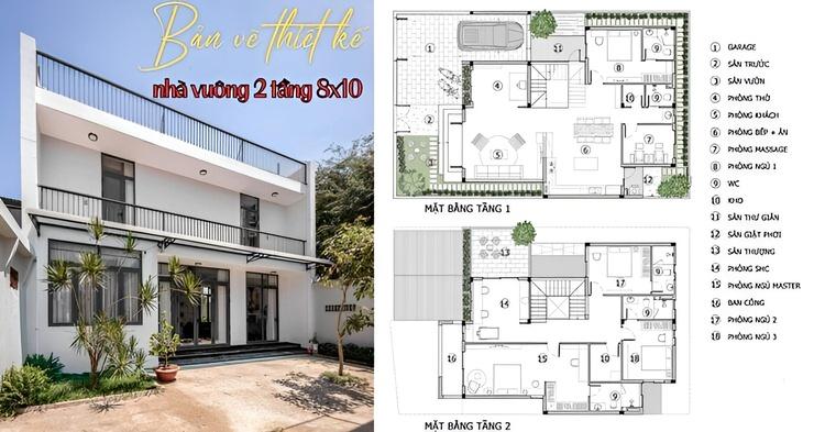 Bản vẽ thiết kế nhà 2 tầng 8x10m