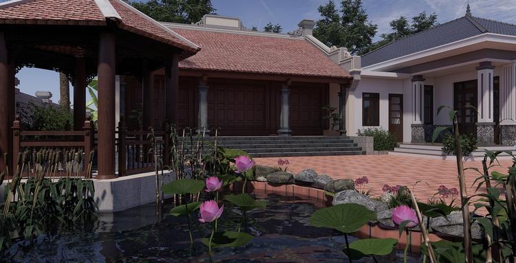 Mẫu nhà gỗ 3 gian kết hợp nhà ở giúp phân tách khu thờ cúng và sinh hoạt hiện đại một cách hợp lý