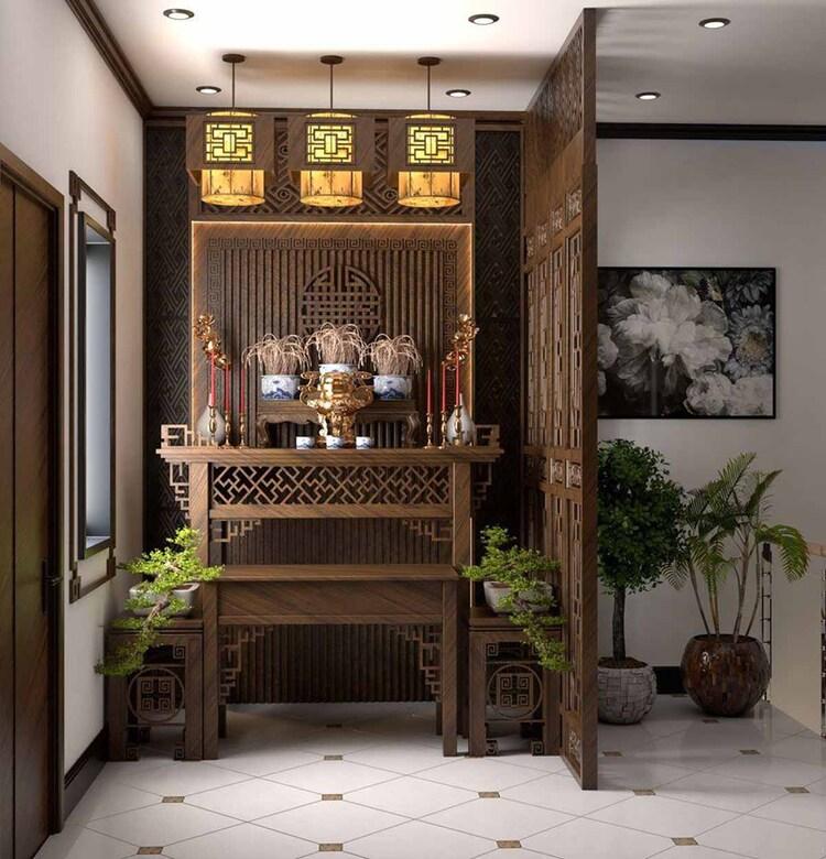 Thiết kế vách ngăn phòng thờ ánh sáng sang trọng