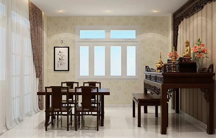 Vách ngăn phòng thờ kết hợp với ô kính hiện đại, trang nghiêm