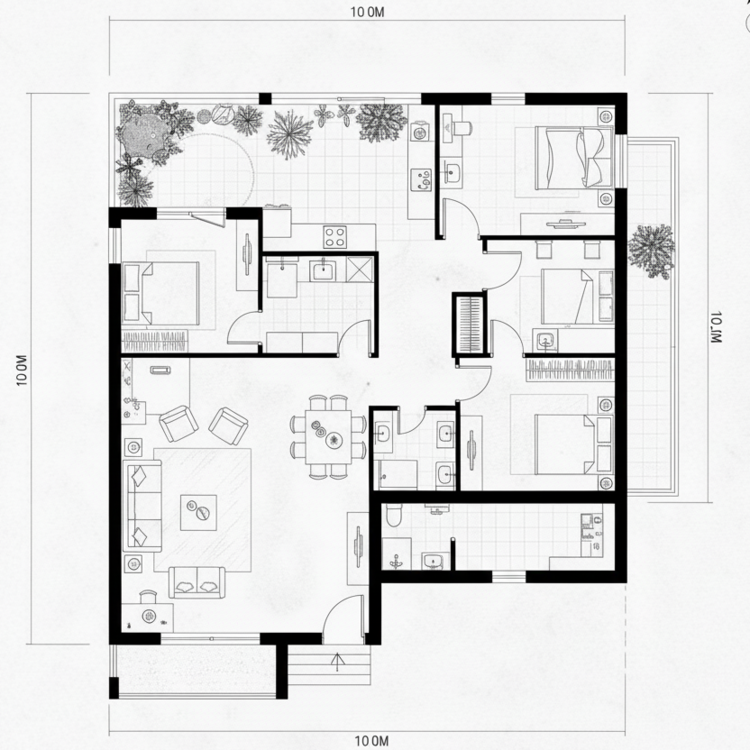 Bản vẽ thiết kế nhà cấp 4 mái bằng chữ L 100m2 với đầy đủ công năng