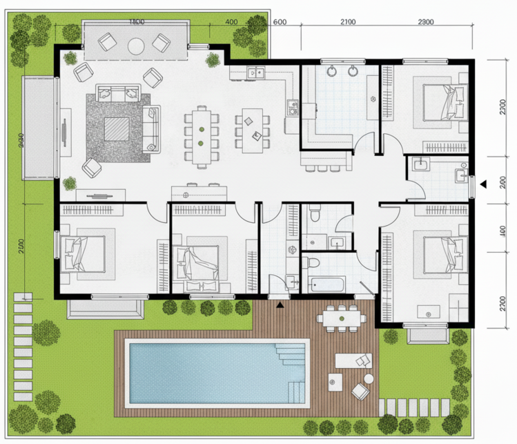 Bản vẽ nhà cấp 4 mái bằng chữ L hiện đại, đông thành viên