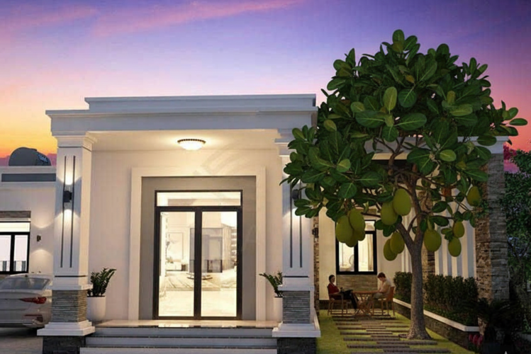 Mẫu nhà cấp 4 mái bằng chữ L có gác lửng 5x15 hiện đại, trẻ trung