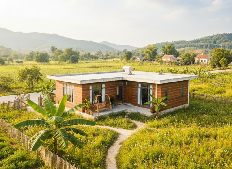 Mẫu nhà cấp 4 chữ L 1 tầng mái bằng đẹp, thoáng mát ở nông thôn