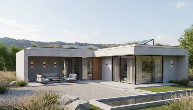 Mẫu nhà cấp 4 chữ L 100m2 mái bằng đẹp, thiết kế hiện đại