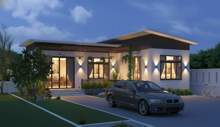 Mẫu nhà cấp 4 mái bằng chữ L 5x20 hiện đại, thoáng đãng