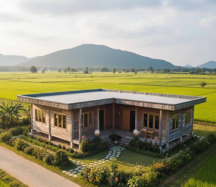 Mẫu nhà cấp 4 mái bằng chữ L 100 triệu đẹp, giá rẻ, thoáng mát