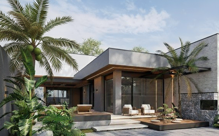 Mẫu nhà cấp 4 mái bằng chữ L có gác lửng 2 phòng ngủ sang trọng, thoáng mát