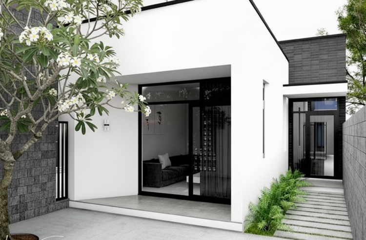 Nhà cấp 4 mái bằng chữ L 2 phòng ngủ tối giản, đẹp mắt