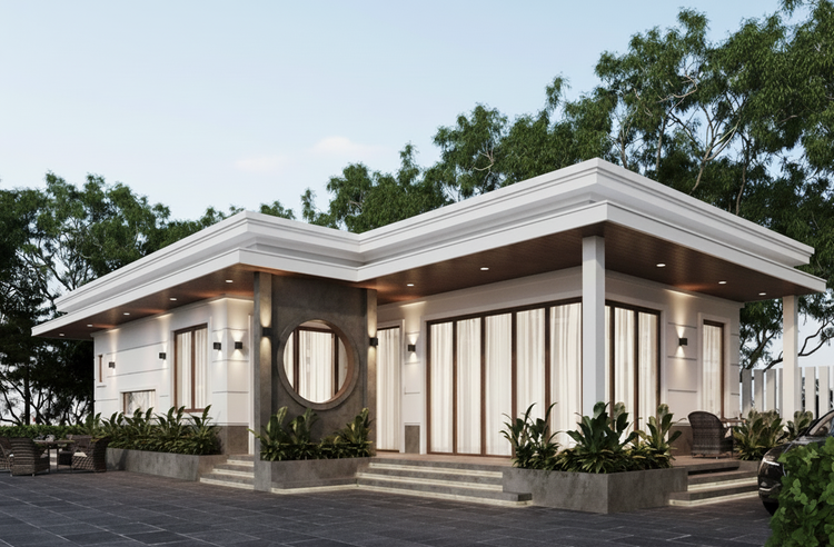 Nhà cấp 4 mái bằng chữ L là kiểu nhà một tầng thiết kế theo hình chữ L , tạo nên vẻ đẹp hiện đại, vững chắc