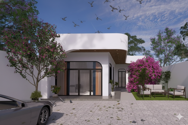 Nhà cấp 4 mái bằng chữ L thiết kế ấn tượng, không gian sống thoáng mát