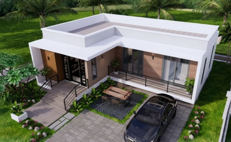 Mẫu nhà cấp 4 mái bằng chữ L hiện đại, phù hợp mọi gia đình