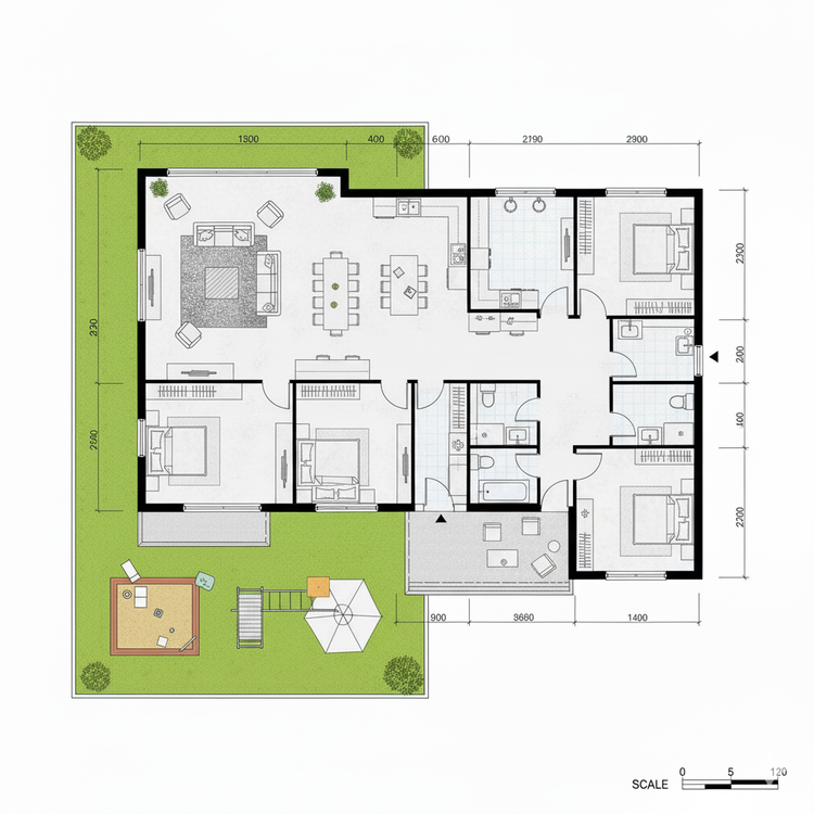 bản vẽ thiết kế nhà cấp 4 chữ L có 4 phòng ngủ rộng rãi