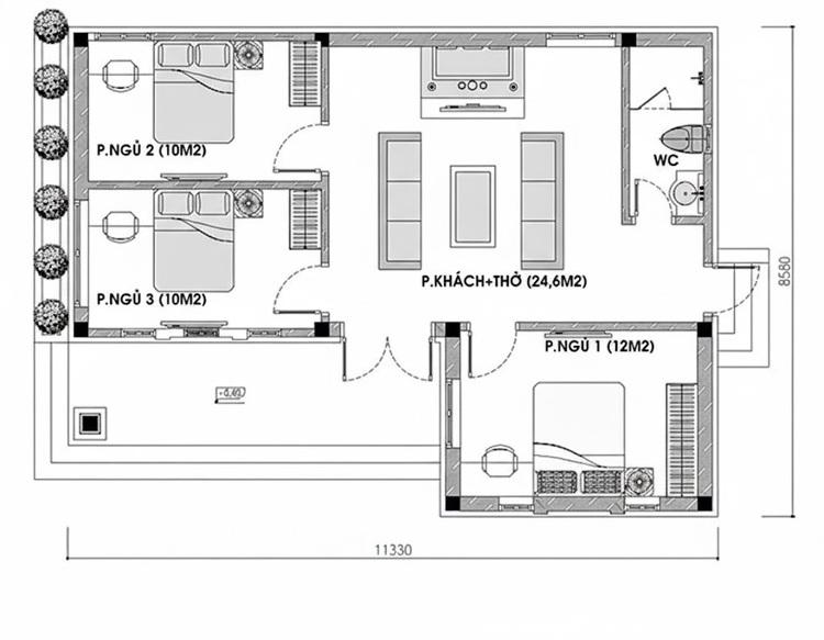 Bản vẽ nhà cấp 4 3 phòng ngủ 100m2 mái bằng chữ L chi tiết