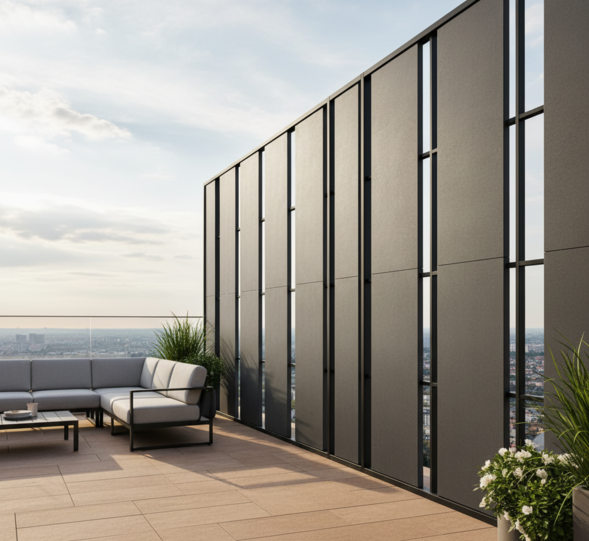 Tấm vách ngăn ngoài trời bằng tấm panel kết hợp hài hòa với sàn gỗ ngoại thất