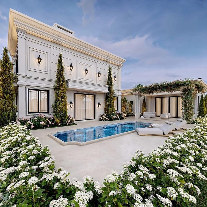 Mẫu biệt thự tân cổ điển 2 tầng 1 tỷ có hồ bơi mini ở phía trước nhà