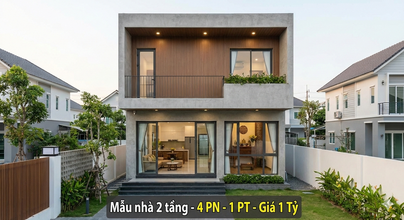 Mẫu nhà 2 tầng 4 phòng ngủ, 1 phòng thờ giá 1 tỷ đẹp, trang nghiêm