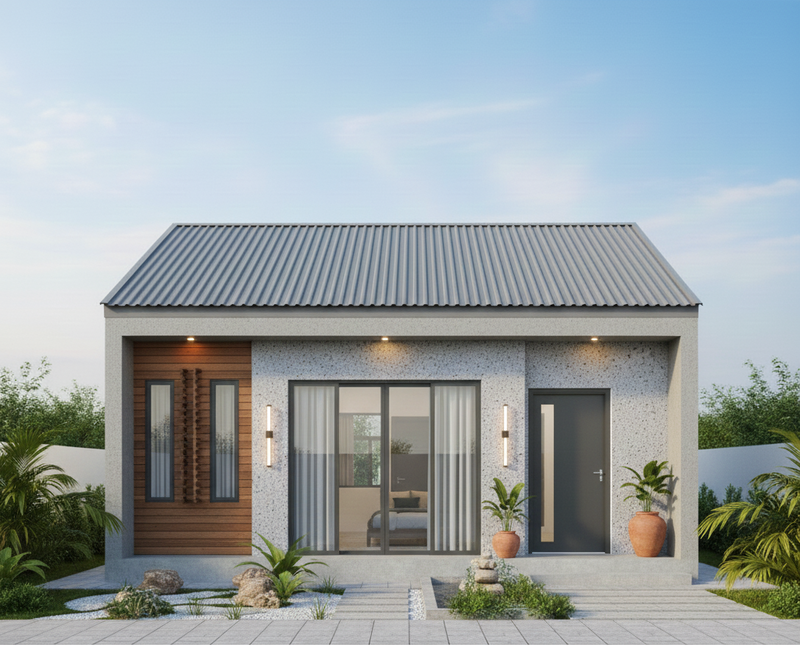 Mẫu nhà cấp 4 đẹp 5x20 mái tôn đơn giản, hài hoà, nhẹ nhàng