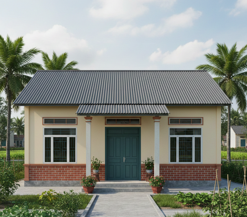 Mẫu nhà cấp 4 đẹp 5x20 mái tôn kiểu truyền thống