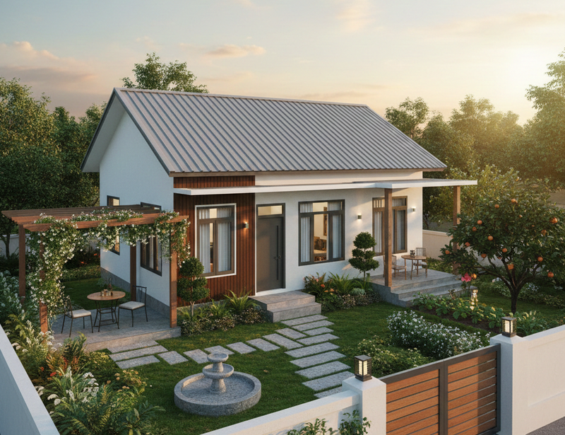 Mẫu nhà cấp 4 mái tôn 5x20 có sân vườn đẹp, thoáng đãng