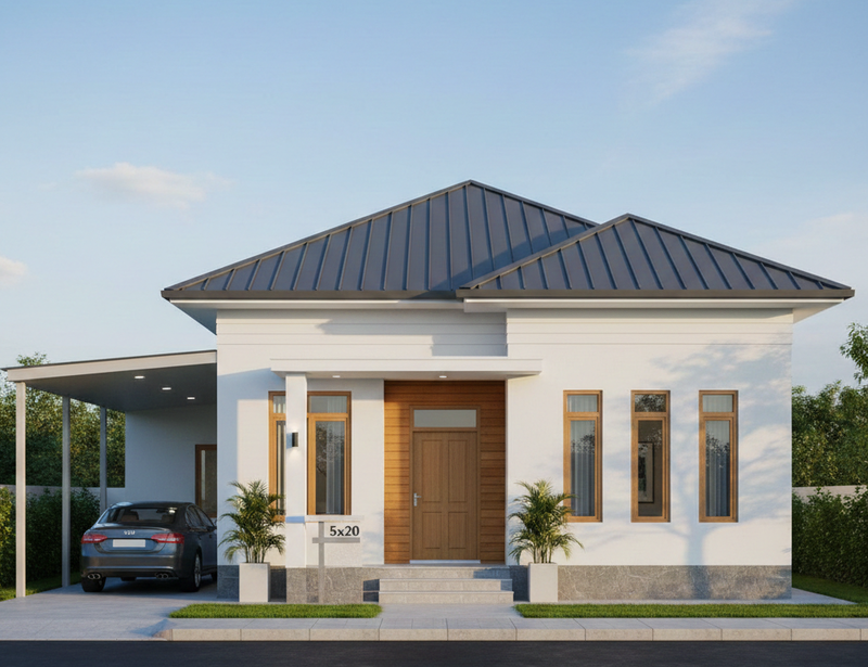 Mẫu nhà cấp 4 mái tôn 5x20 có gara đẹp, tiện ích, tiết kiệm chi phí