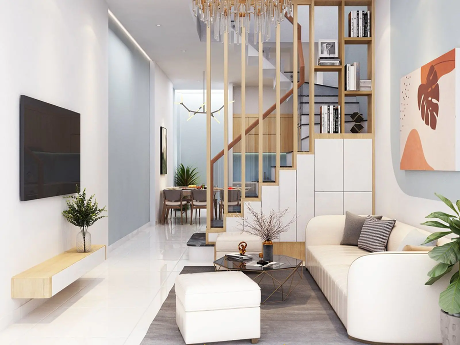 Decor phòng khách có cầu thang đẹp, tạo điểm nhấn cho không gian