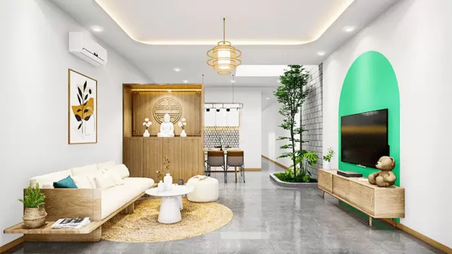 Mẫu trang trí phòng khách nhà cấp 4 đẹp, đơn giản với nội thất đầy đủ