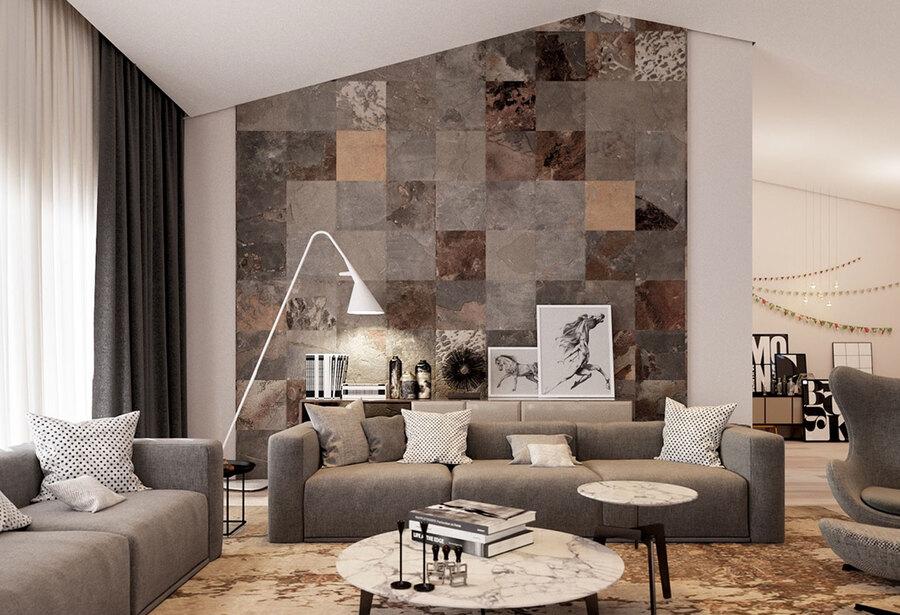 Sử dụng gạch ốp tường để decor phòng khách hiện đại, sang trọng