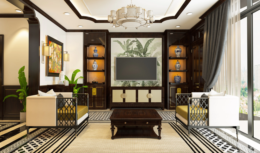 Trang trí phòng khách phong cách Indochine lãng mạn, cổ điển, sang trọng