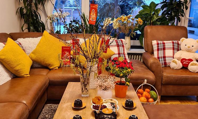 Trang trí bàn trà phòng khách ngày Tết với gối sofa họa tiết Tết