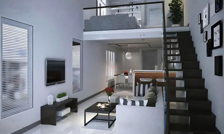 Mẫu nội thất phòng khách nhà ống có gác lửng đẹp, hiện đại