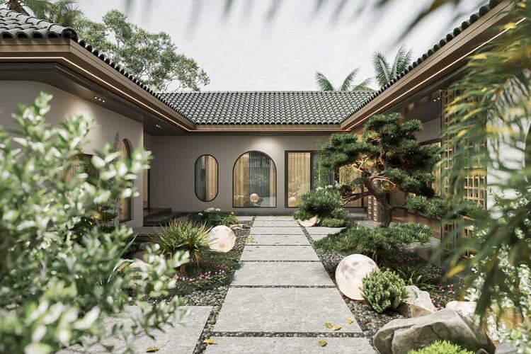 Mẫu nhà cấp 4 mái Nhật phong cách tam hợp viện đẹp, thiết kế trang nhã và cân đối