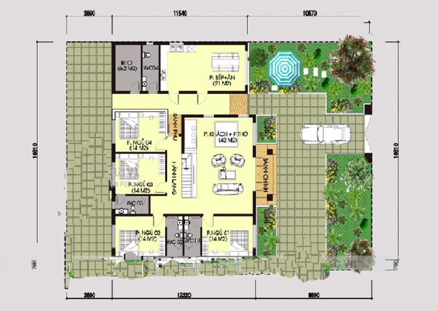 Bản vẽ thiết kế công năng và định vị nhà cấp 4 có sân vườn