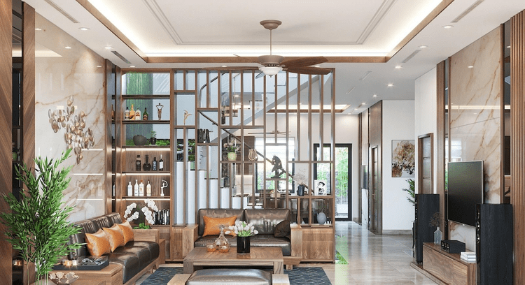 Mẫu vách ngăn cầu thang phân chia phòng khách và phòng bếp đa tiện ích, hợp phong thủy