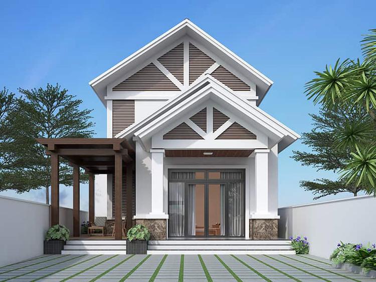 Mẫu nhà gác lửng 3 phòng ngủ mái dốc có sân vườn hiện đại và ấm áp