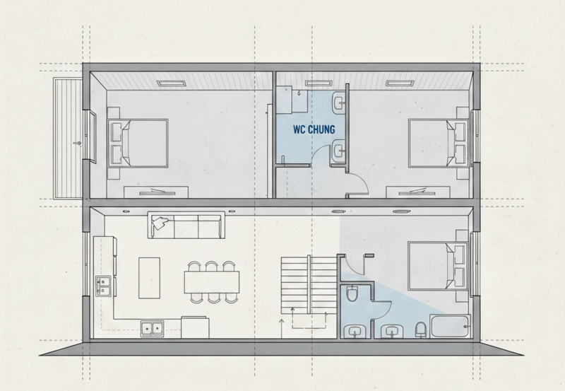 Mẫu phân bố không gian trong thiết kế nhà lắp ghép 2 tầng hợp lý