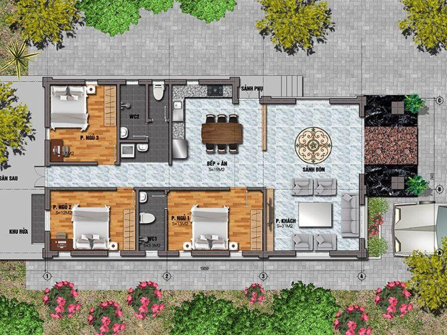 Mẫu bố trí công năng nhà cấp 4 mái Thái 3 phòng ngủ cho gia đình đông thành viên