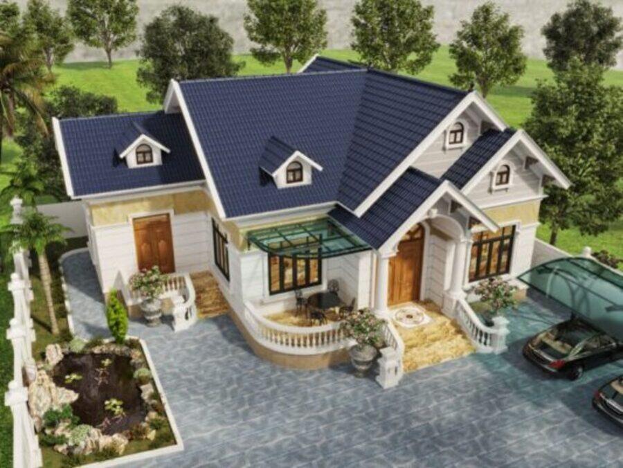 Mẫu nhà cấp 4 mái Nhật chữ L ở nông thôn kết hợp tiểu cảnh sinh động (Nguồn: Internet)