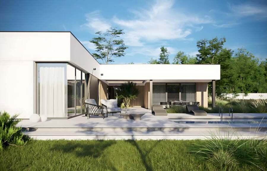 Mẫu nhà cấp 4 chữ L kết hợp hồ bơi và sân vườn tạo cảm giác thư giãn, trong lành (Nguồn: Internet)